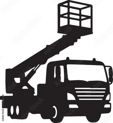 Construction lift truck, aerial lift vehicle, boom lift, silhouette icon