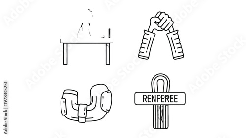 Arm wrestling sport elements: A dynamic illustration presents the essential elements of arm wrestling: the table, grips, headgear, and referee badge, encapsulating the sport's core components.