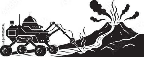 Robotic Mars rover, volcanic eruption, black vector illustration, space exploration, robotic arm