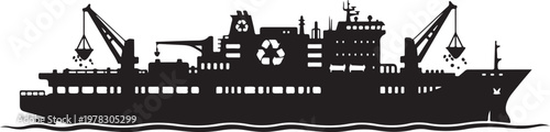 Cargo ship, industrial vessel, black silhouette, transportation icon, maritime symbol