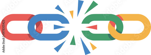 Vector illustration of a multicolored chain with a broken middle link representing a disconnected bond or error isolated on white background