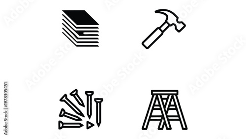 Craftsmanship Essentials: Depicts an array of essential tools for construction, embodying the essence of creation, including a stack of lumber, a hammer, nails, and a ladder, all poised for a project.