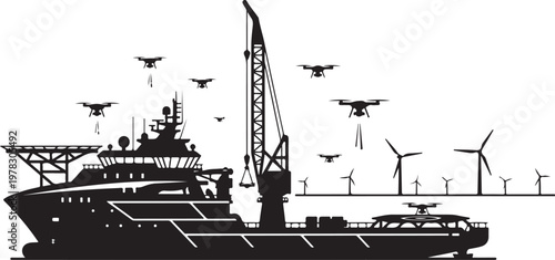 Industrial cargo ship, drone delivery fleet, offshore wind farm, silhouette vector graphics