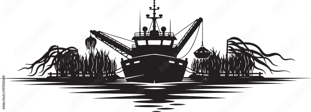Obraz premium Fishing boat, silhouette illustration, sea creatures, ocean scene, black vector graphic