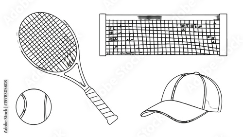 Tennis Essentials: A depiction of tennis equipment essential for the sport, including a racket, ball, net, and cap. A perfect illustration of the equipment needed to play a game.