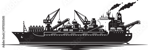 Cargo Ship, Industrial Vessel, Black Silhouette, Vector Illustration, Transportation Icon