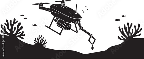 Underwater drone, robotic submersible, ocean exploration, black and white vector