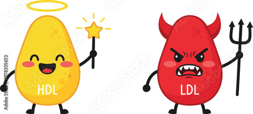 HDL and LDL Cholesterol Cartoon Characters Comparison with Good and Bad Fat Concept for Medical Education and Heart Health Awareness Illustration