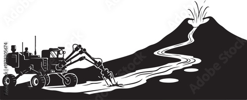 Lava flow, volcanic eruption, industrial machinery, heavy equipment, black and white vector