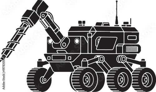 Robotic Mars rover, space exploration vehicle, black and white illustration, robotic arm