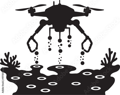 Black drone dropping seed balls on deforested land, reforestation concept, environmental conservation, ecology vector icon