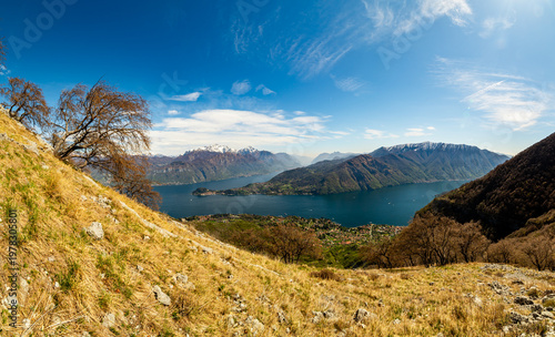 View of Lake Como from the Tremezzo and Nava mountains, with Lenno and the surrounding mountains.