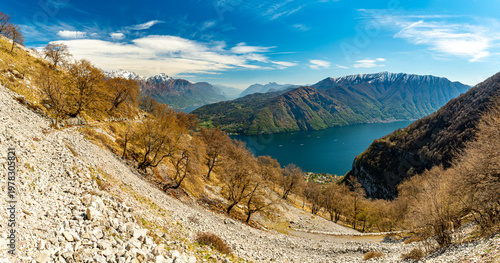 View of Lake Como from the Tremezzo and Nava mountains, with Lenno and the surrounding mountains.
