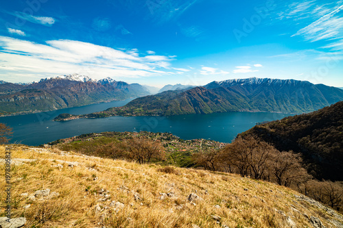 View of Lake Como from the Tremezzo mountains, with Bellagio and the mountains to the north of the lake.