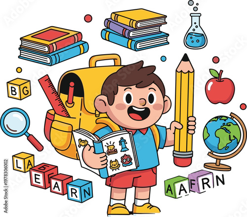 Cartoon Style Back-to-School Illustration with Boy Holding Books, Backpack, Globe, and Educational Supplies for Fun Learning Designs