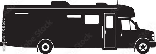 Motorhome, RV, camper van, recreational vehicle, travel trailer, black silhouette, vector icon