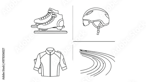 Winter Sports Gear Essentials: An outline of figure skates and protection gear, epitomizing the thrill of winter sport. Skates, helmet, jacket, and trail.