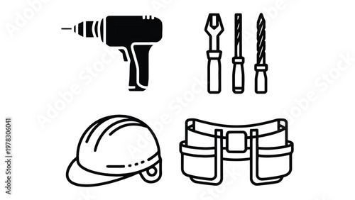 Tools of the Trade: An assortment of essential tools and equipment, from a cordless drill to a safety helmet, representing the core elements of the construction and repair industry.