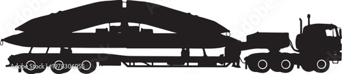 Black silhouette truck, transporting airplane, cargo trailer, vector graphic