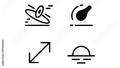 Modern Icons: Clean line illustrations representing a satellite, speedometer, enlarge, and sunrise over ocean, all essential symbols for modern design.