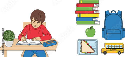 Cartoon Style Boy Studying with Books, Apple, Backpack, School Bus, and Lunchbox for Fun School and Education Designs