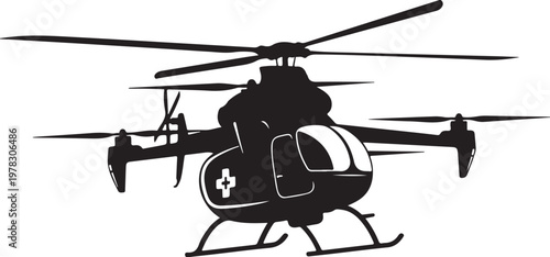 Medical helicopter, emergency services, rescue aircraft, black vector icon