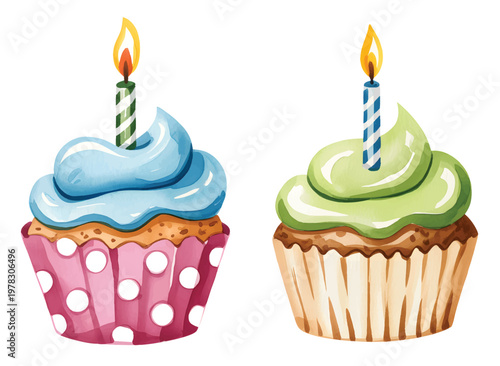 Watercolor cup cake collection for birthday party dessert decoration.