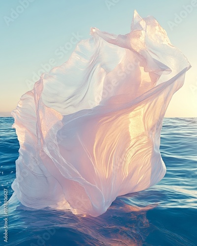 Delicate Flowing White Fabric Draped Over Crystal Clear Tranquil Seas Under Soft Sunset Glow