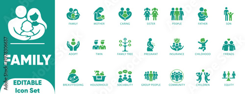 Family Icon Set. caring, children, editable, father, grandfather, grandmother, grandparent, insurance, and solid icons.