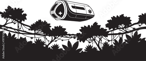 Black and white cassette player, floating above trees, music icon, vector illustration, audio symbol