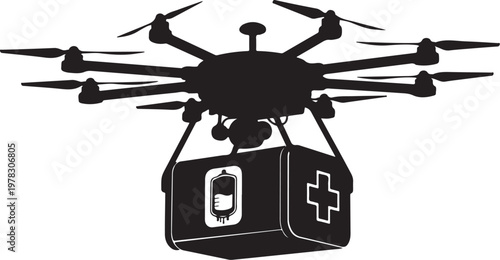 Drone, medical drone, rescue drone, first aid kit, black vector icon