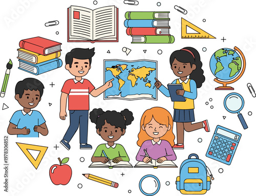 Cartoon Style Diverse Children with Books, Map, Globe, and School Supplies for Fun Learning and Classroom Designs