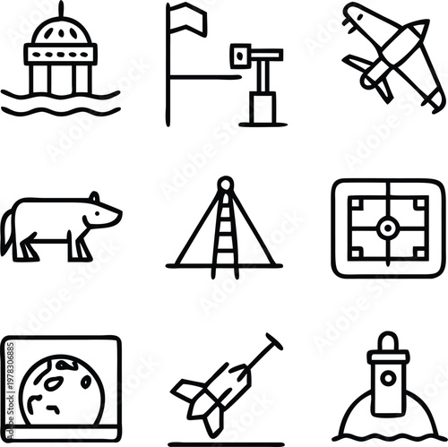 Iconic Illustration Set, showcasing a collection of modern, minimalist line art icons, each representing a unique subject with crisp, clean lines and a contemporary design aesthetic.