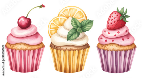 Watercolor cup cake collection for birthday party dessert decoration.