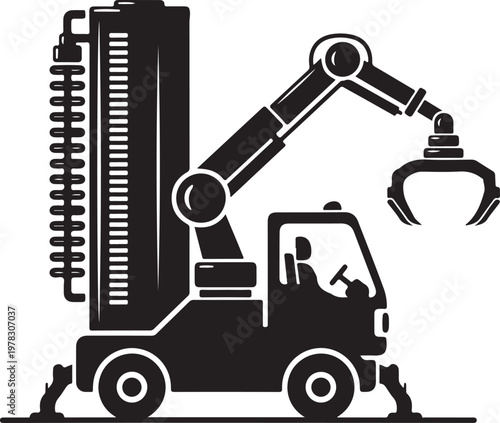 Industrial Forklift, Heavy Duty Crane, Construction Equipment, Black Vector Icon