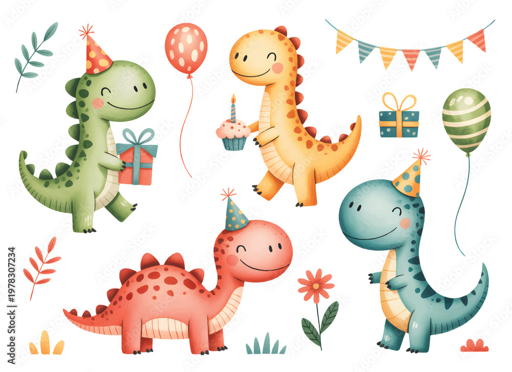 Naklejka premium Cute watercolor dinosaur birthday set with balloons gifts cake and party decorations.