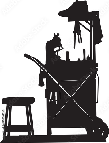 Black silhouette shoe repair, cobbler workstation, tools, cart, stool, vector illustration