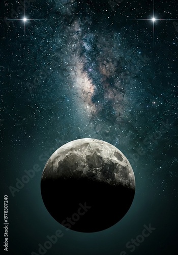 Cinematic View of the Moon with Milky Way Galaxy and Bright Stars in Deep Space Background