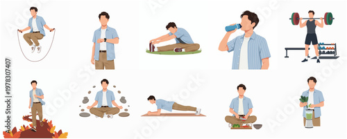 Minimalist Illustration Set of Man Doing Different Workout and Wellbeing Activities