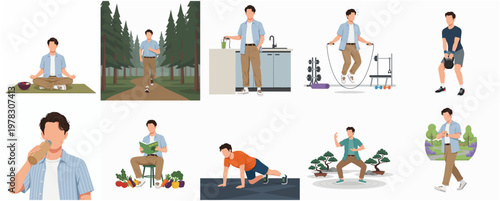 Diverse Lifestyle Flat Illustration of Man Engaging in Various Healthy Activities