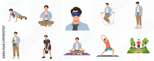 Flat Style Diverse Man in Various Activities and Sport Poses Illustration