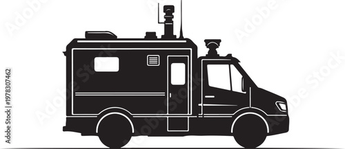 Black food truck, vector food van, street food vehicle, mobile kitchen