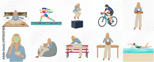 Diverse Daily Activities of a Blonde Woman: A Versatile Lifestyle Illustration