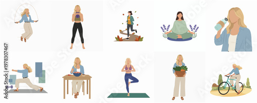 Minimalist Flat Illustration Woman Doing Daily Activities and Healthy Lifestyle