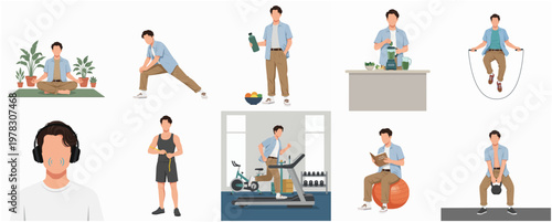 Flat Illustration Set of Young Man Practicing Healthy Lifestyle Activities