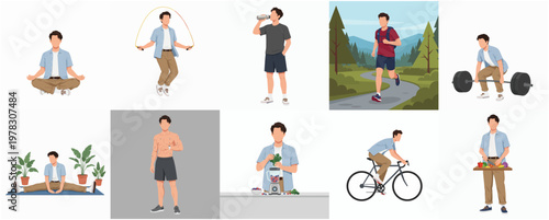 Flat Illustration Set of Man Doing Different Sport and Healthy Activity