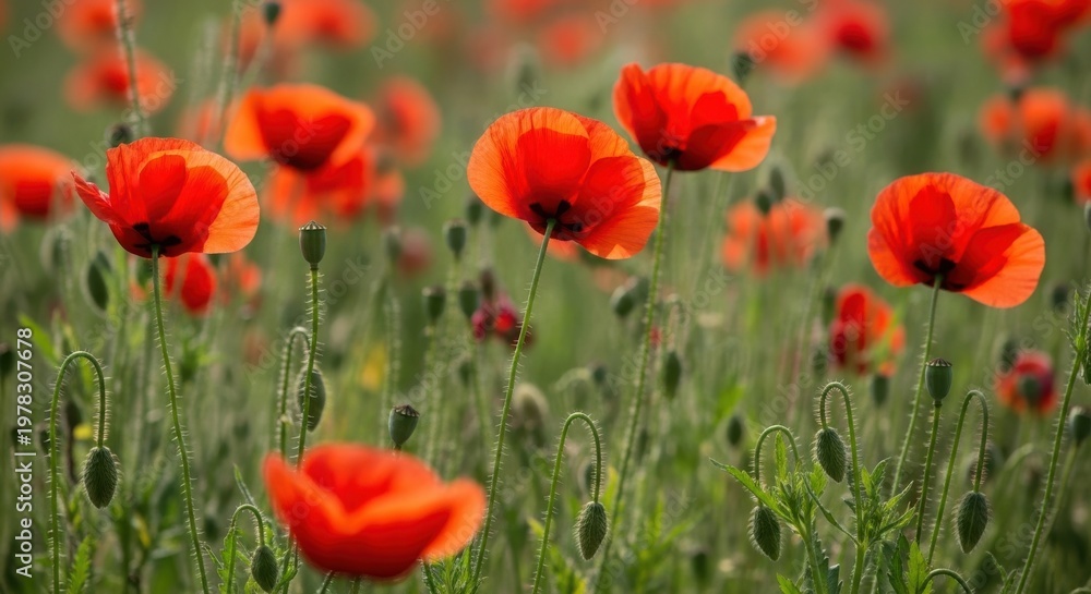 Obraz premium Vibrant red poppies blooming in a lush green field