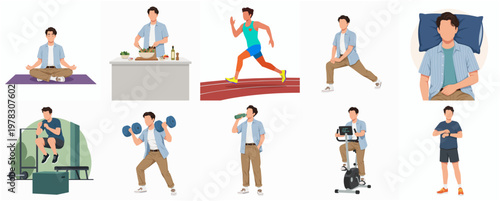 Diverse Flat Illustration of Healthy Lifestyle Man Doing Various Activity Poses