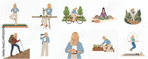 Minimalist Lifestyle Illustration Woman Doing Activity Outdoor and Indoor Set