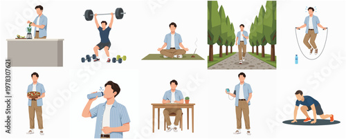 Flat Style Active Lifestyle Man Doing Daily Activities Illustration Set